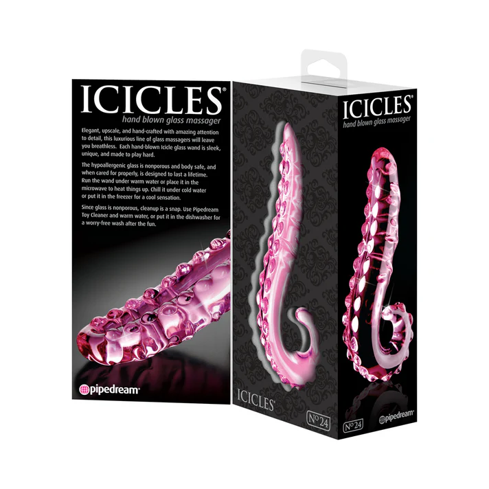 Icicles No. 24 Curved Textured 6 in. Glass Dildo With Handle